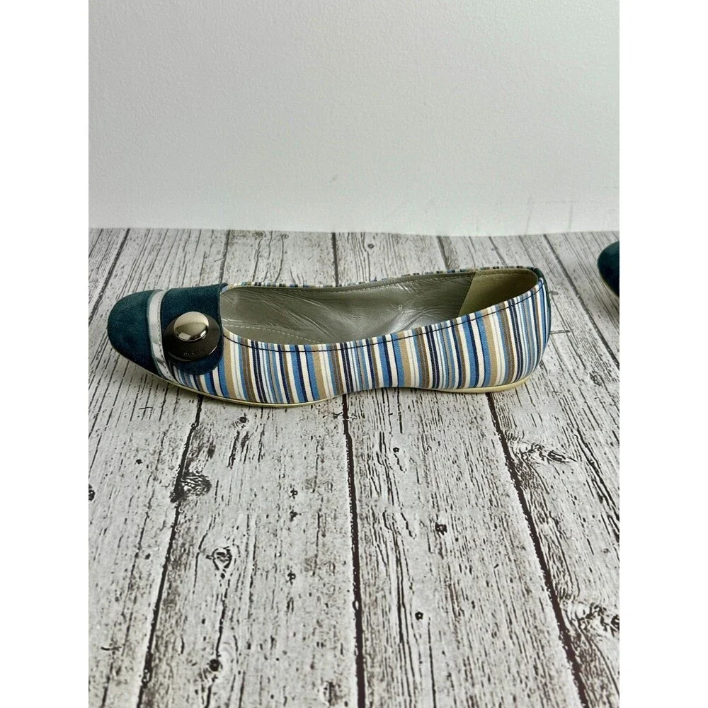 Hogan Women’s Ballet Flats, Size 8,‎ Navy Blue Striped, Silver Hardware, Preppy